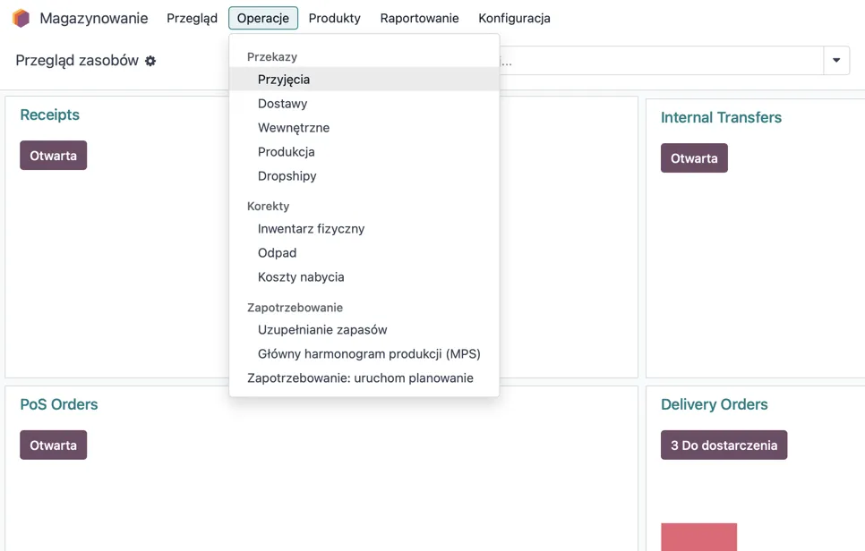 Odoo Magazynowanie — przegląd zasobów i menu operacji magazynowych