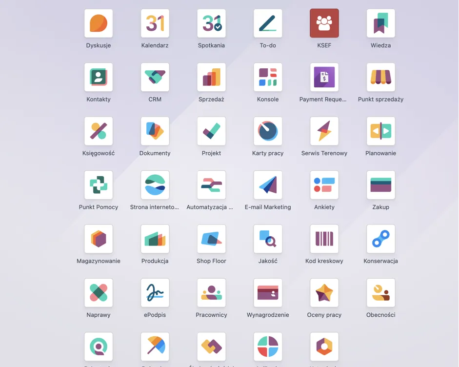 Ekran aplikacji Odoo z modułami sprzedaży, księgowości, magazynu i produkcji