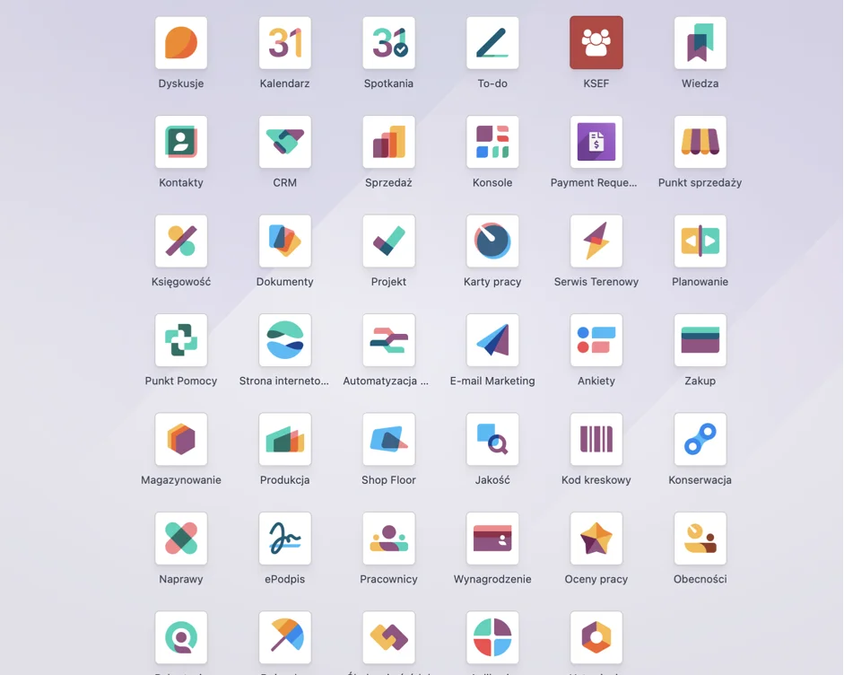 Panel aplikacji Odoo w języku polskim — CRM, sprzedaż, księgowość, magazyn i produkcja