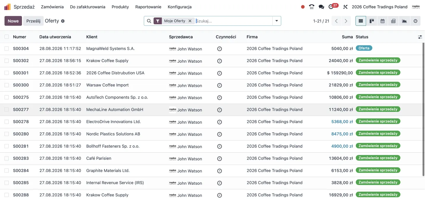 Odoo Sales — lista ofert i zamówień sprzedaży z klientami, kwotami i statusami
