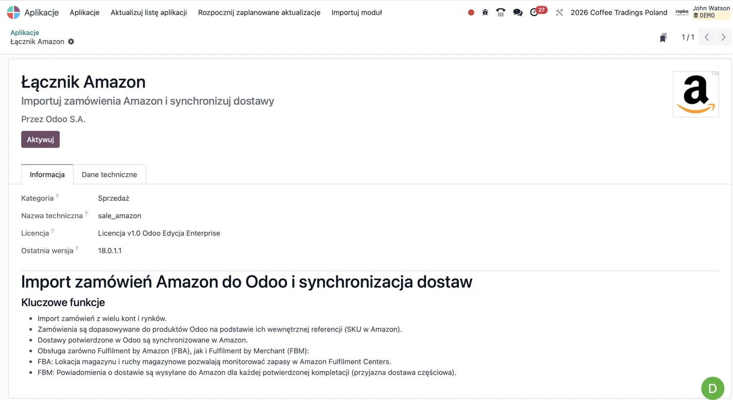 Karta aplikacji Łącznik Amazon autorstwa Odoo S.A.