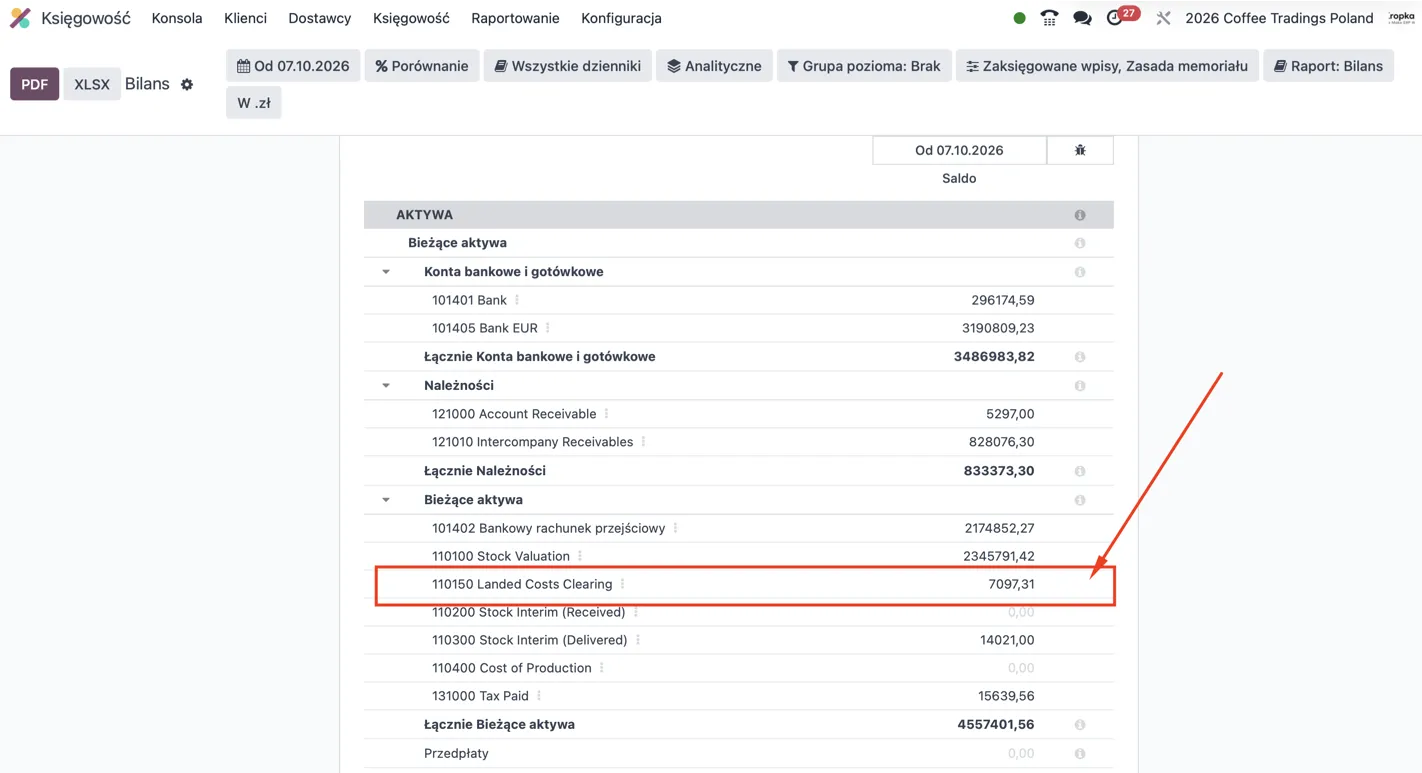 Bilans Odoo z zaznaczonym saldem konta Landed Costs Clearing