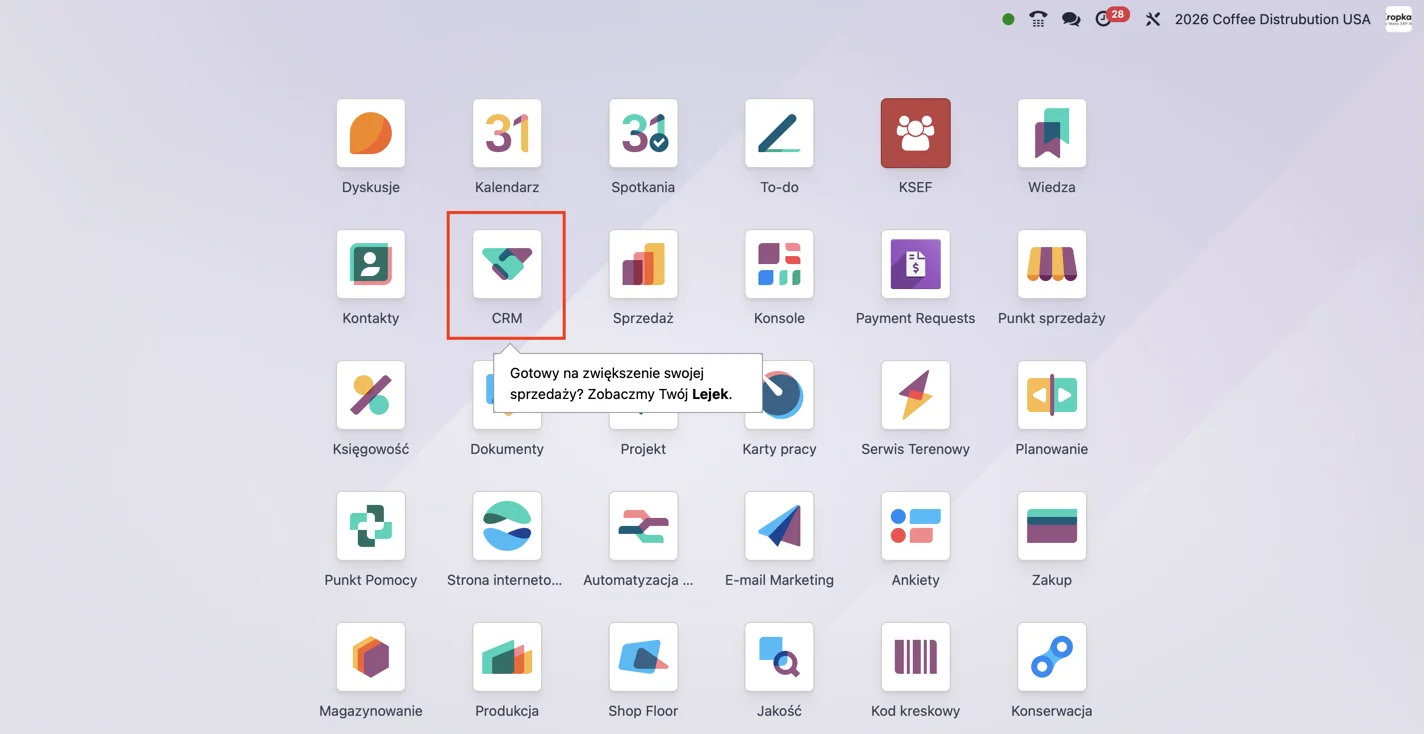 Ekran aplikacji Odoo z wyróżnionym modułem CRM.