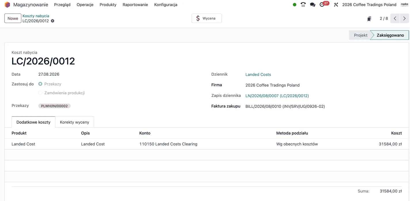 Dokument kosztów nabycia Odoo z przyjęciem i metodą podziału według obecnych kosztów