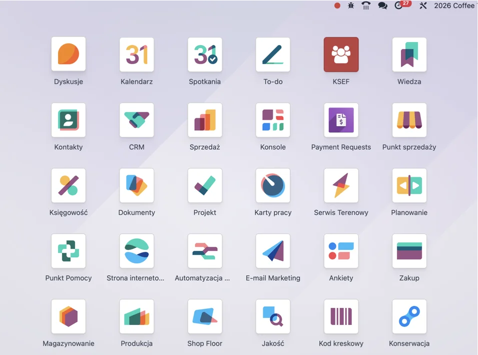 Ekran aplikacji Odoo: sprzedaż, CRM, księgowość, magazyn i produkcja