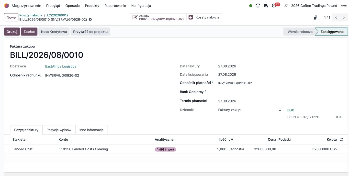 Faktura zakupu w Odoo z produktem Landed Cost i kontem Landed Costs Clearing