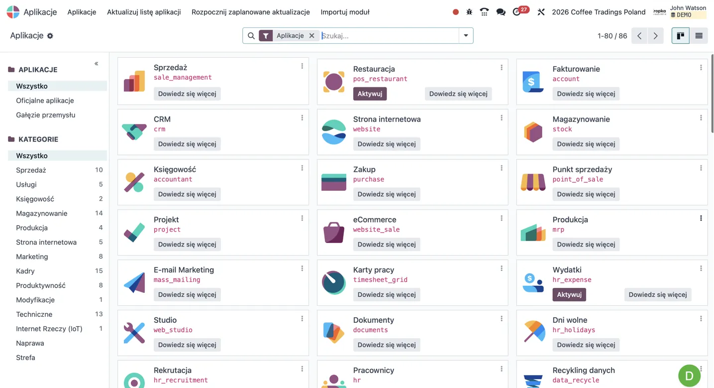 Katalog aplikacji Odoo z modułami CRM, sprzedaży, magazynu i produkcji