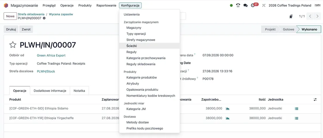 Menu konfiguracji Odoo Inventory z magazynami, typami operacji, lokalizacjami i regułami odkładania