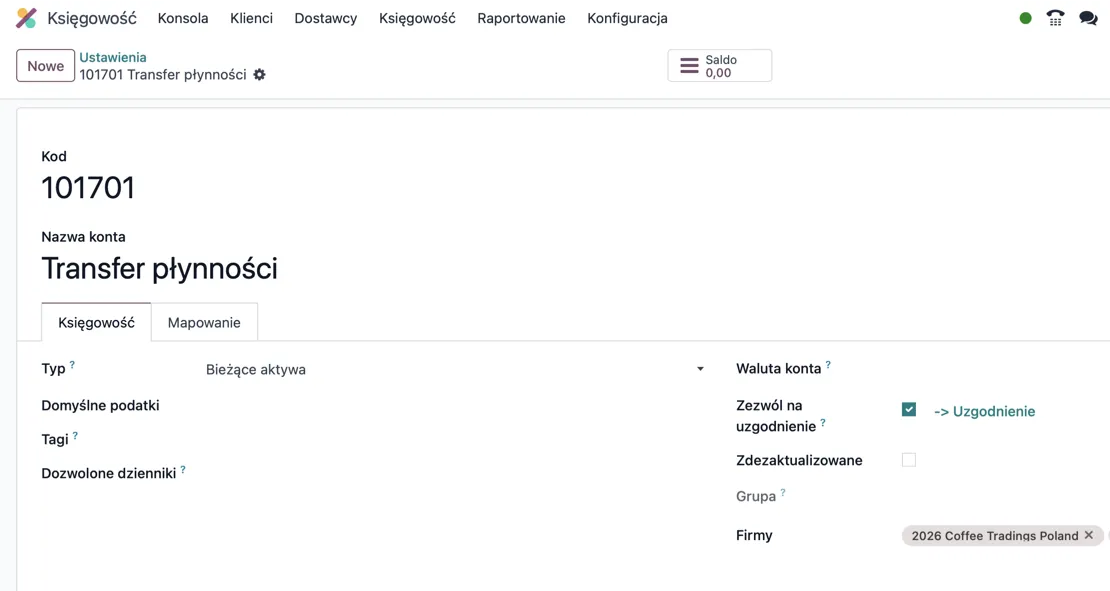 Konto 101701 Transfer płynności: Bieżące aktywa i włączone uzgadnianie