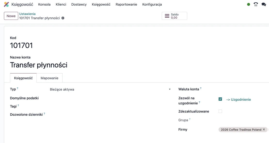 Konfiguracja konta Transfer płynności w Odoo