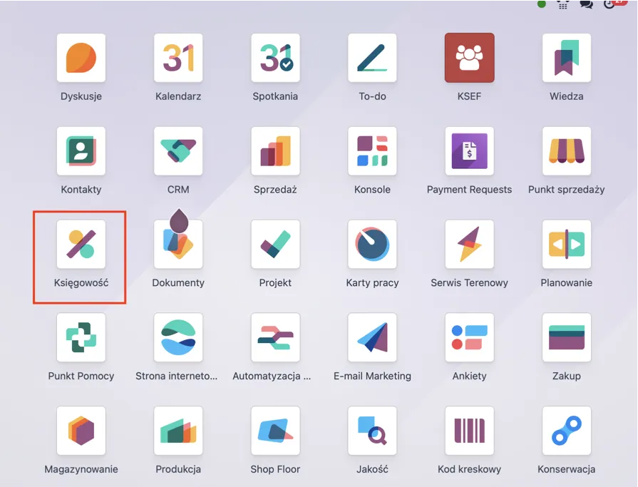 Menu aplikacji Odoo z zaznaczoną aplikacją Księgowość