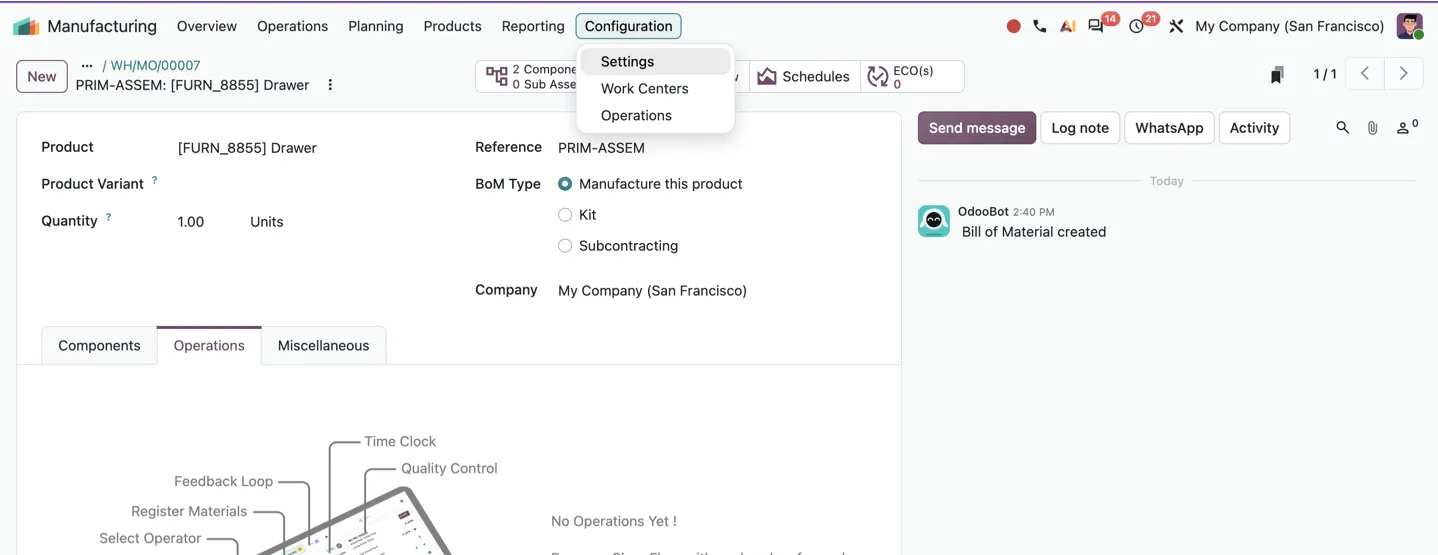 Menu konfiguracji modułu produkcji w Odoo.