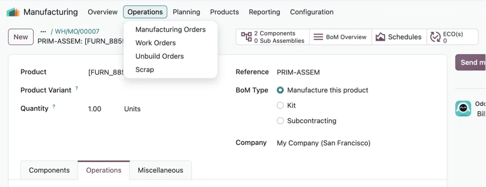 Menu operacji Odoo z produkcją, zadaniami, demontażem i brakami.