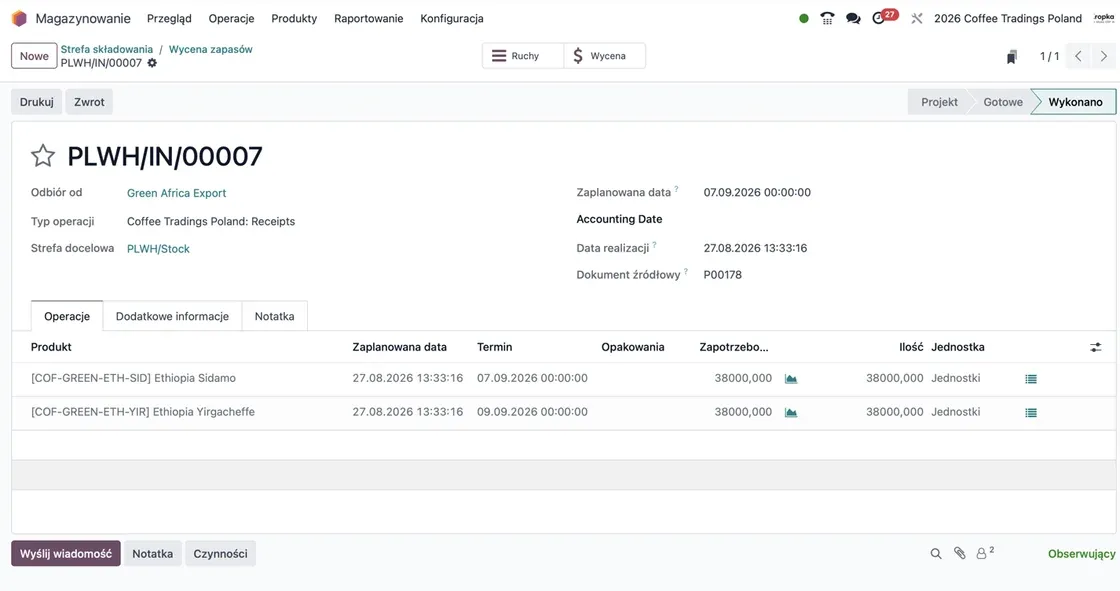 Potwierdzone przyjęcie towaru w Odoo z lokalizacją docelową, ilościami i datą realizacji