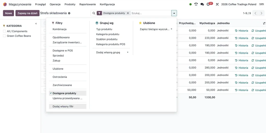 Raport zapasów Odoo z filtrami dostępnych produktów i grupowaniem według kategorii