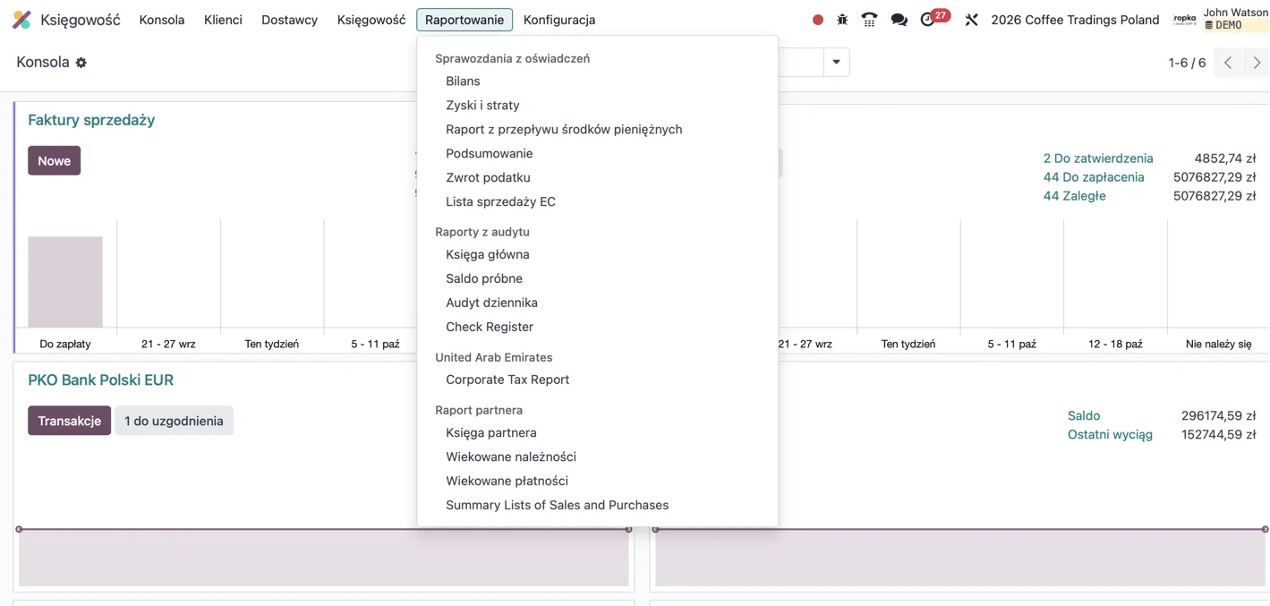 Menu raportowania w Odoo Accounting z bilansem i rachunkiem zysków i strat