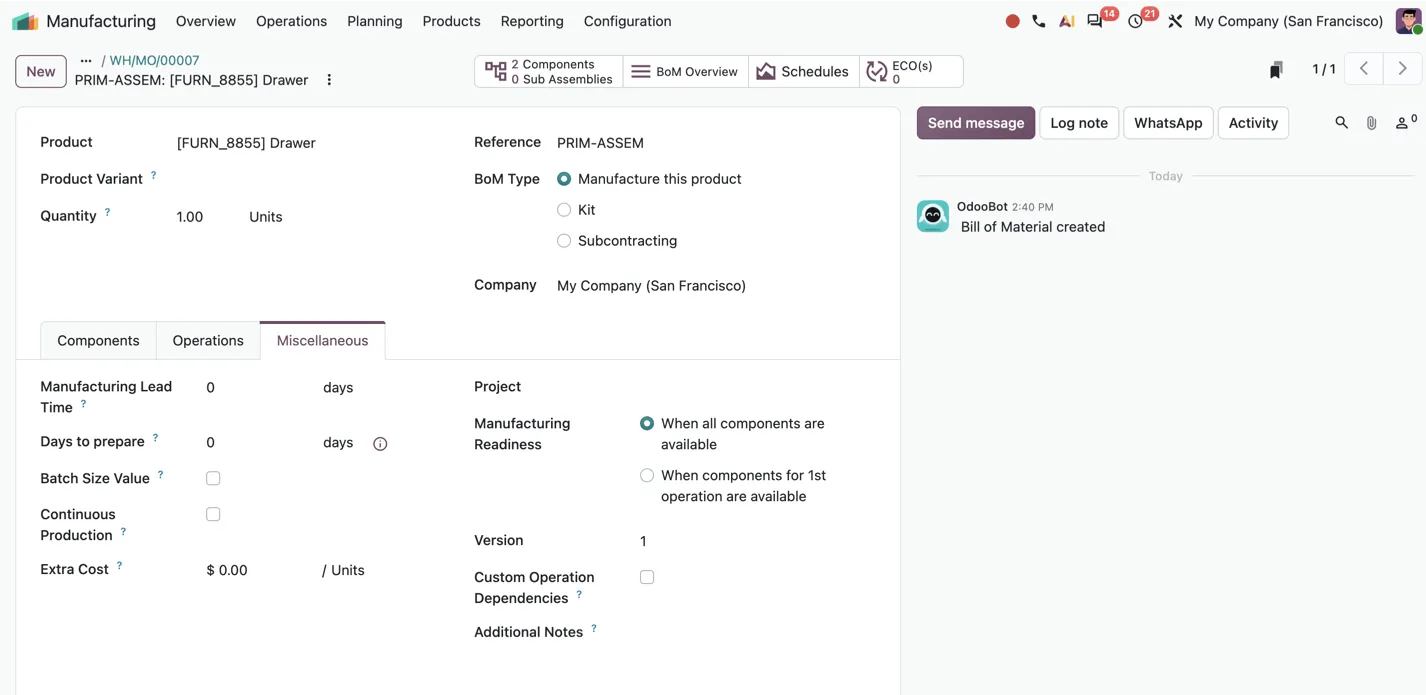 Parametry BOM dotyczące czasu produkcji i dostępności komponentów.