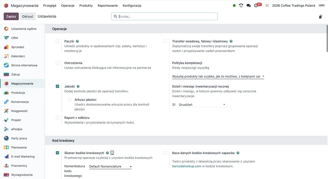 Ustawienia Odoo Inventory z włączonym skanerem kodów kreskowych i kontrolą jakości