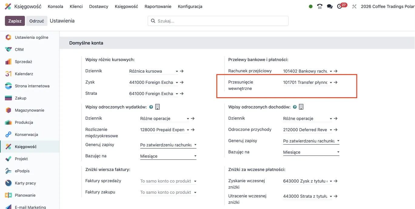 Ustawienia księgowości Odoo z polem Przesunięcie wewnętrzne