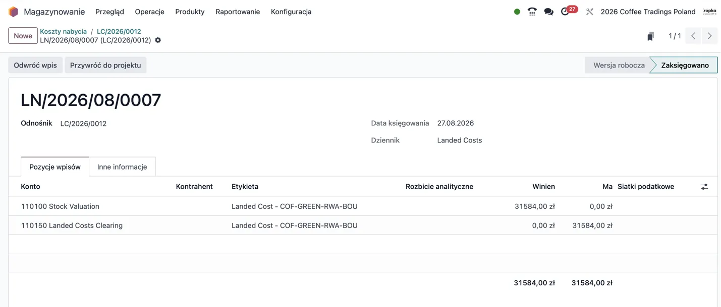 Zapisy kosztów nabycia: Wn Stock Valuation i Ma Landed Costs Clearing na 31 584 PLN
