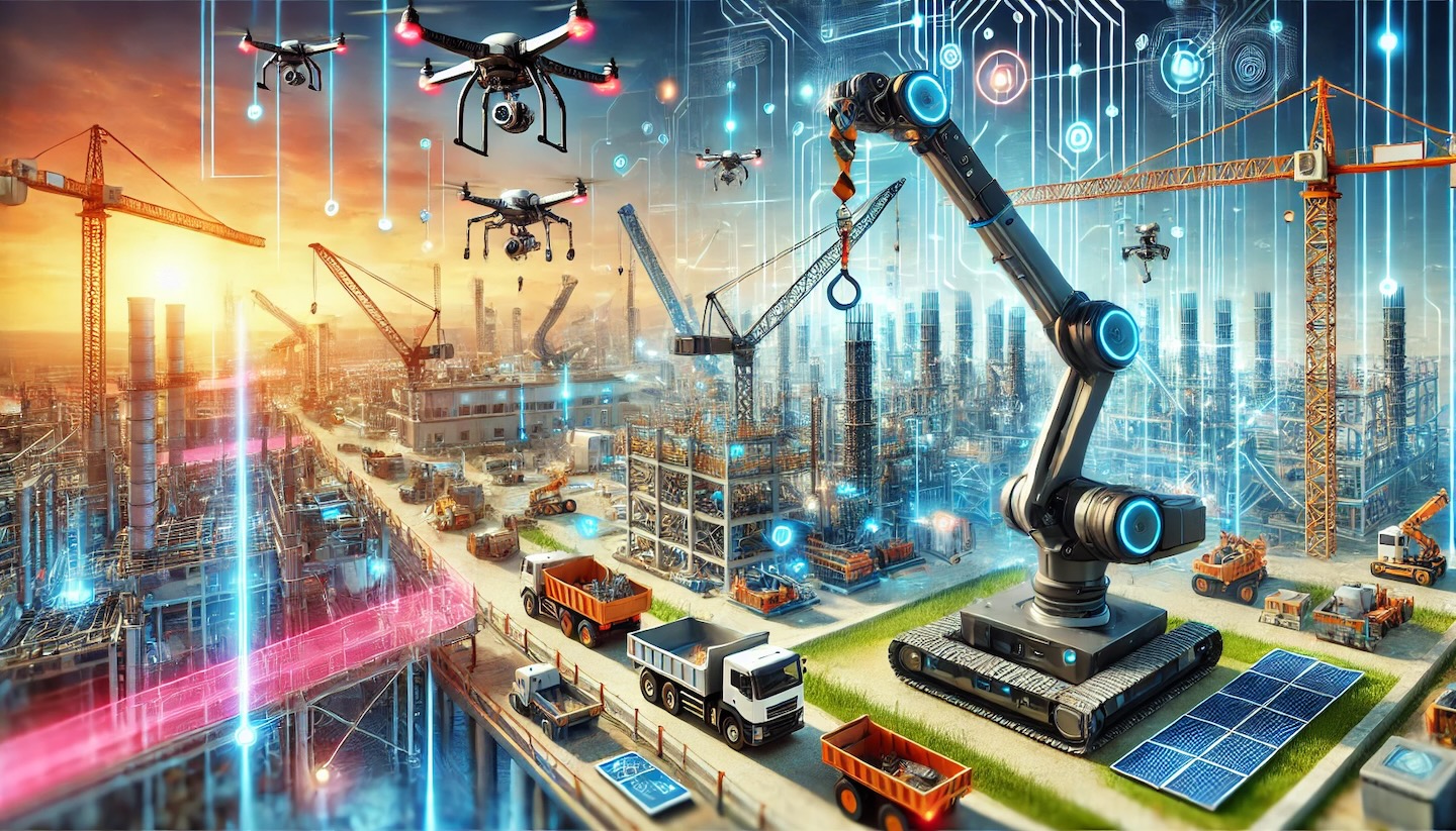 Fotorealistyczna scena automatyzacji budowy z robotyką, dronami i cyfrową kontrolą – zastosowanie Odoo dla firm budowlanych.